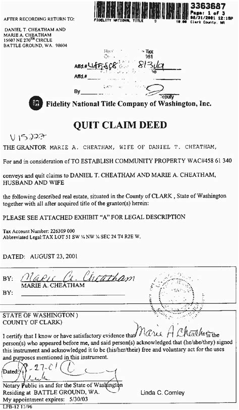 You can get a referral for a real estate attorney by calling your nearest bar association. . Example of a quit claim deed completed